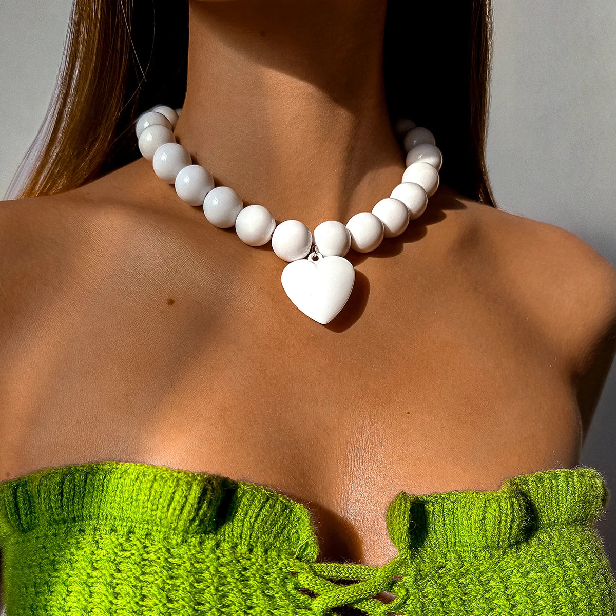 Tocona New Exaggerated Round Bead Heart Pendant Necklace for Women Handmade Adjustable Chain Choker Party Jewelry Gift Collar