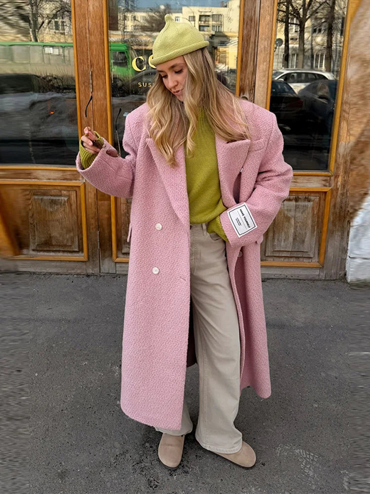 Casaco oversized de mulher com lapela e abotoamento duplo – estilo vintage para outono/inverno