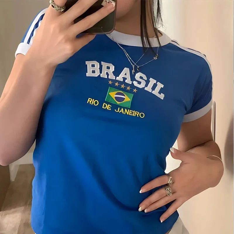 Conjunto de T-shirt curta e calções de mulher com estampado BRASIL – estilo Y2K