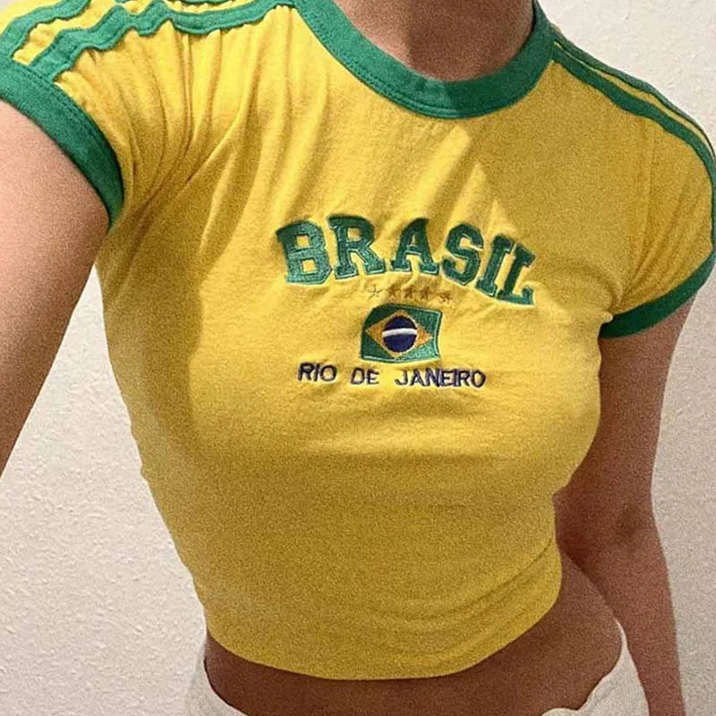 Conjunto de T-shirt curta e calções de mulher com estampado BRASIL – estilo Y2K