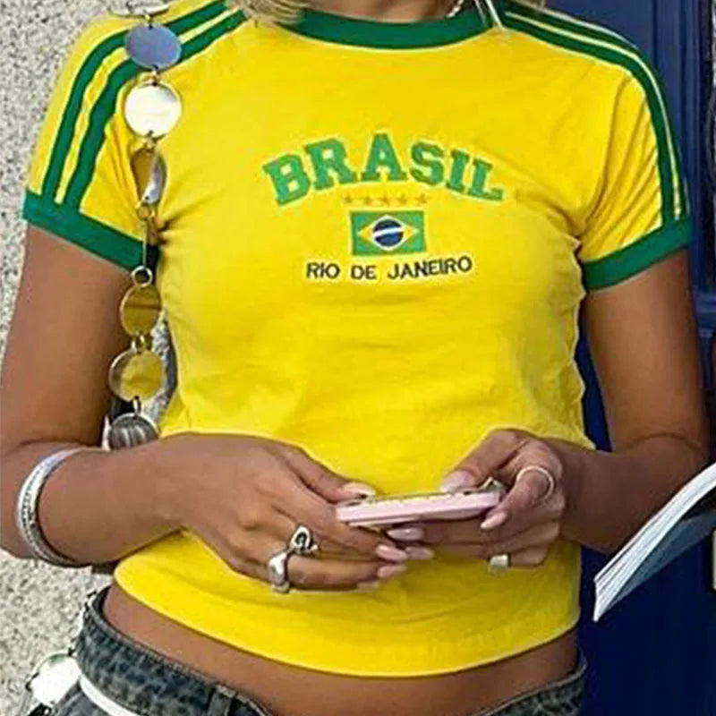Conjunto de T-shirt curta e calções de mulher com estampado BRASIL – estilo Y2K