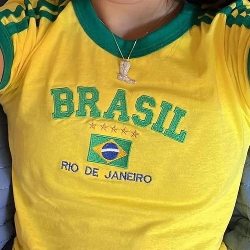 Conjunto de T-shirt curta e calções de mulher com estampado BRASIL – estilo Y2K
