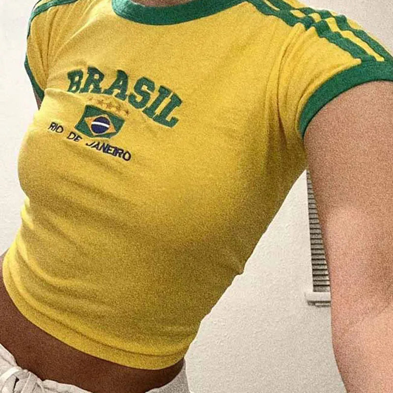 Conjunto de T-shirt curta e calções de mulher com estampado BRASIL – estilo Y2K