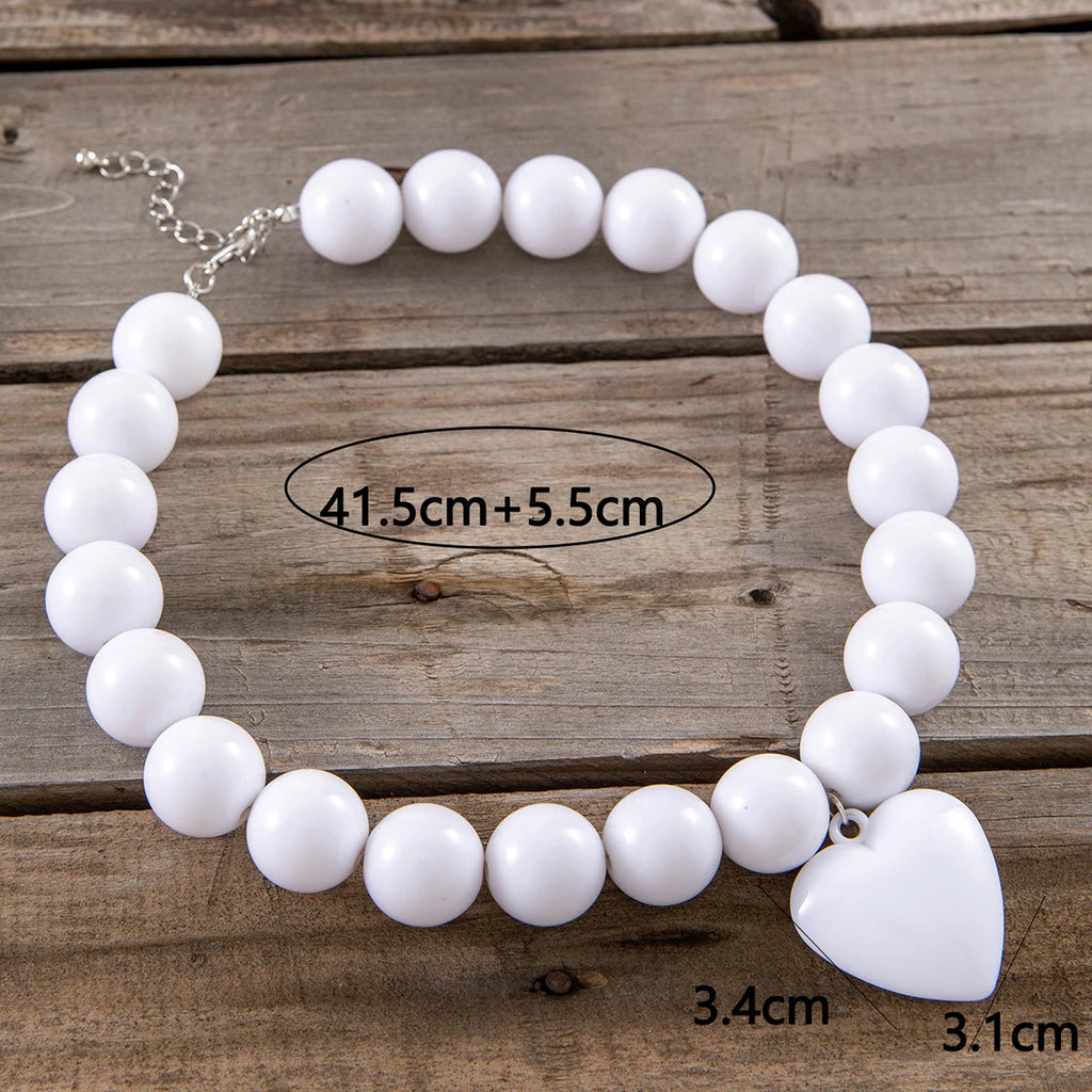 Tocona New Exaggerated Round Bead Heart Pendant Necklace for Women Handmade Adjustable Chain Choker Party Jewelry Gift Collar