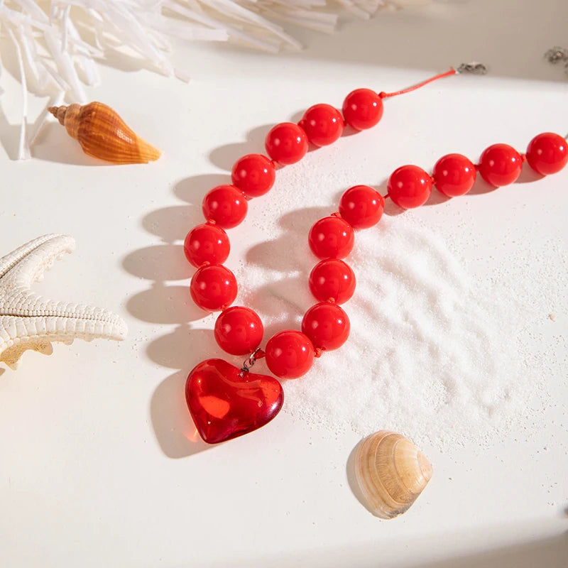 Tocona New Exaggerated Round Bead Heart Pendant Necklace for Women Handmade Adjustable Chain Choker Party Jewelry Gift Collar